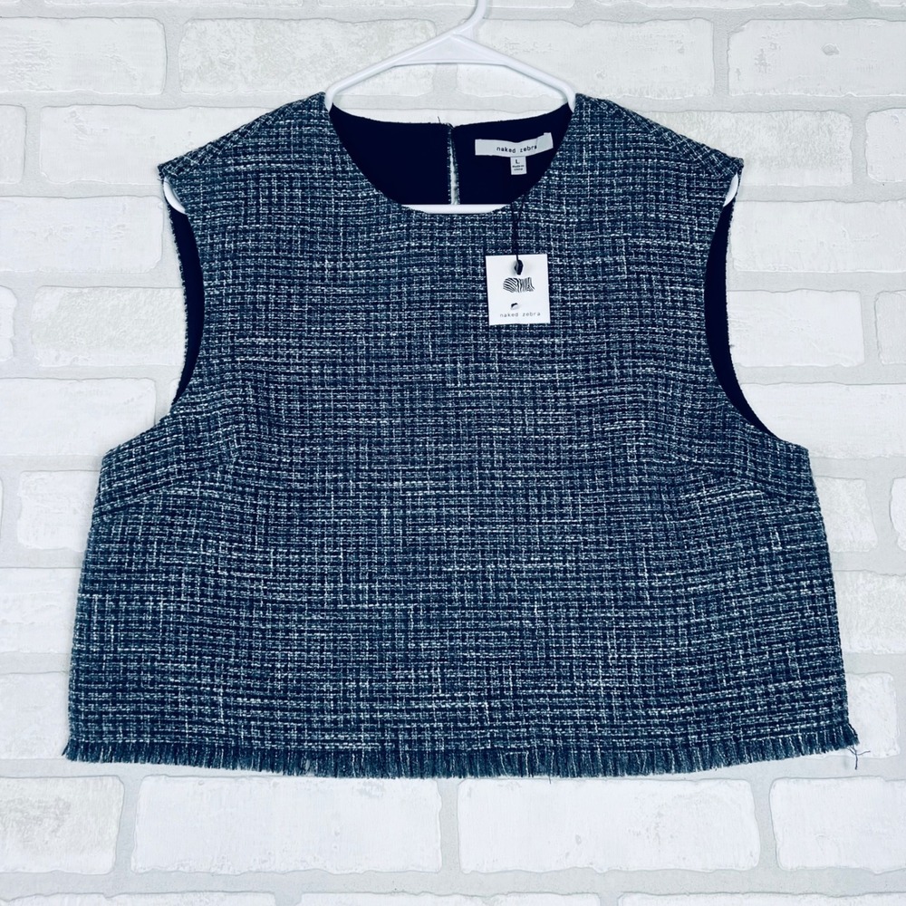 Naked Zebra Womens Blue White Tweed Fringe Hem Sleeveless Crop Top Large NEW